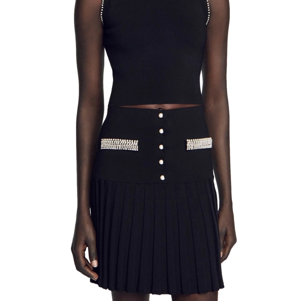 NWT SANDRO Embellished stretch-knit mini skirt
